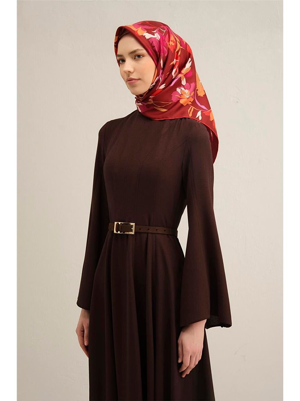 Bordo Çiçek Desenli Saf İpek Twill Eşarp 9342 53