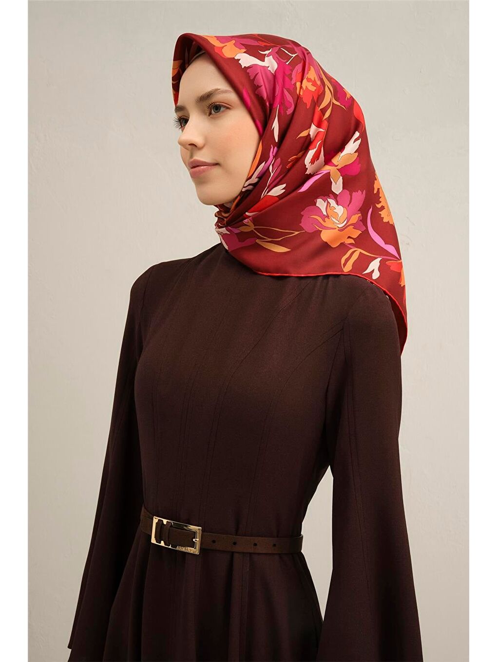 Bordo Çiçek Desenli Saf İpek Twill Eşarp 9342 53-2