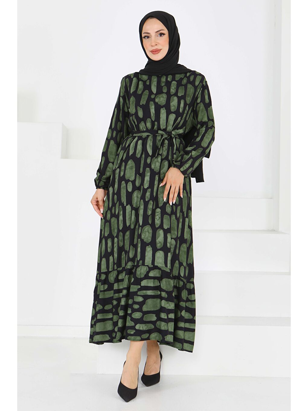 Desenli Kuşaklı Elbise Haki - 27519-2