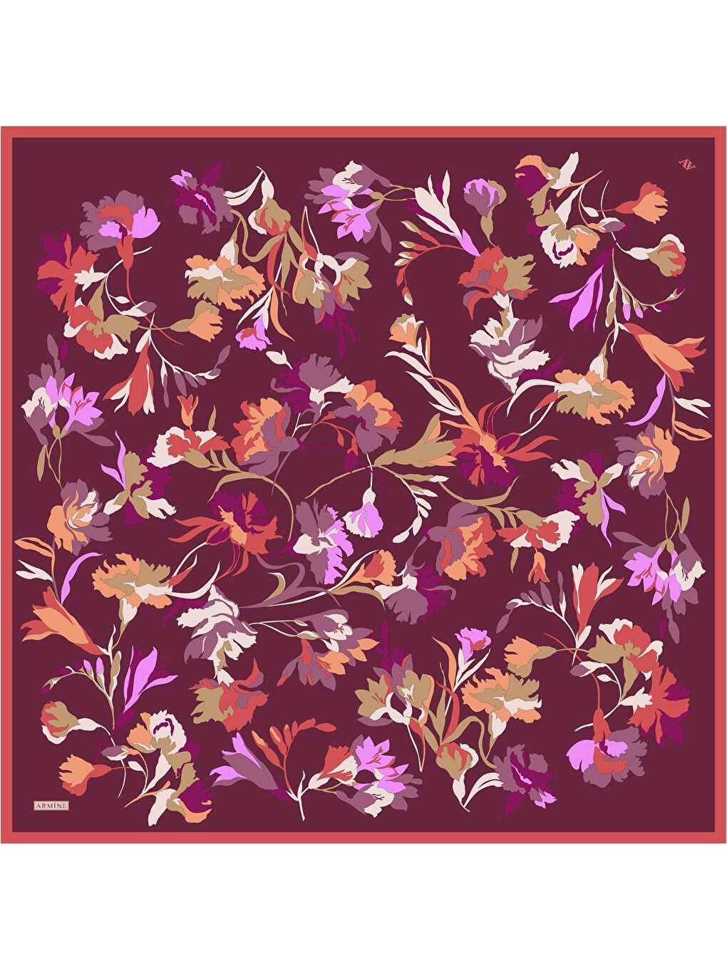 Bordo Çiçek Desenli Saf İpek Twill Eşarp 9342 53-3