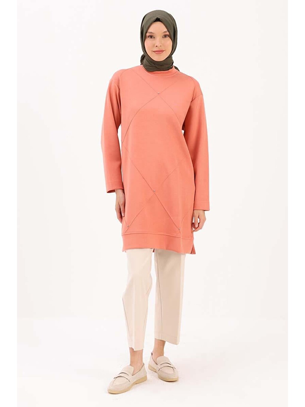 Pembe Somon-taşlı Geometrik Çima Detaylı Tunik-1
