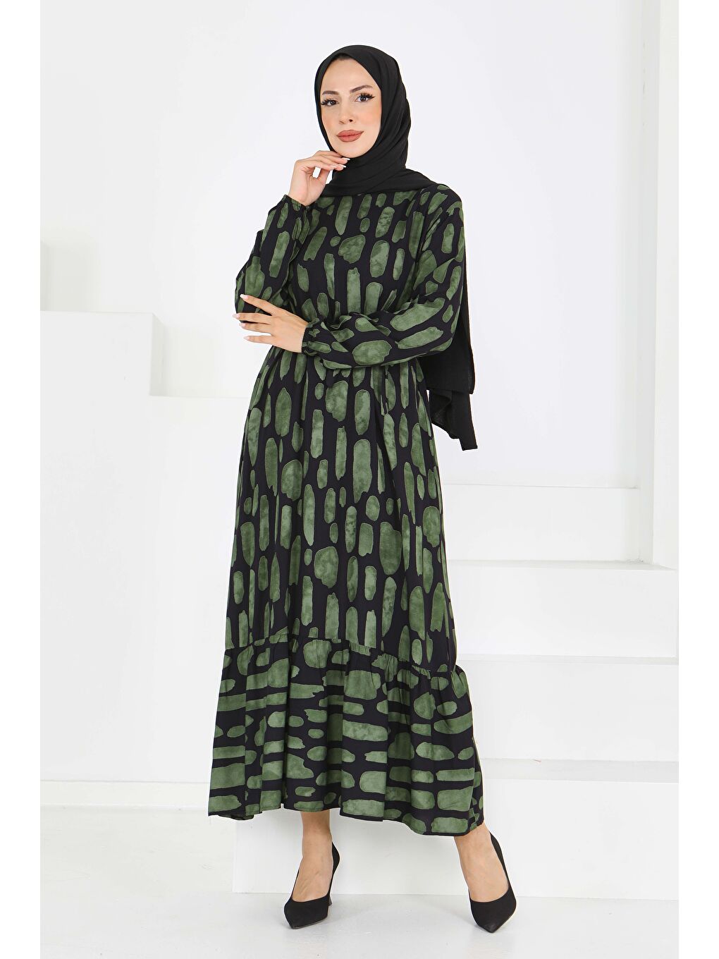 Desenli Kuşaklı Elbise Haki - 27519-3