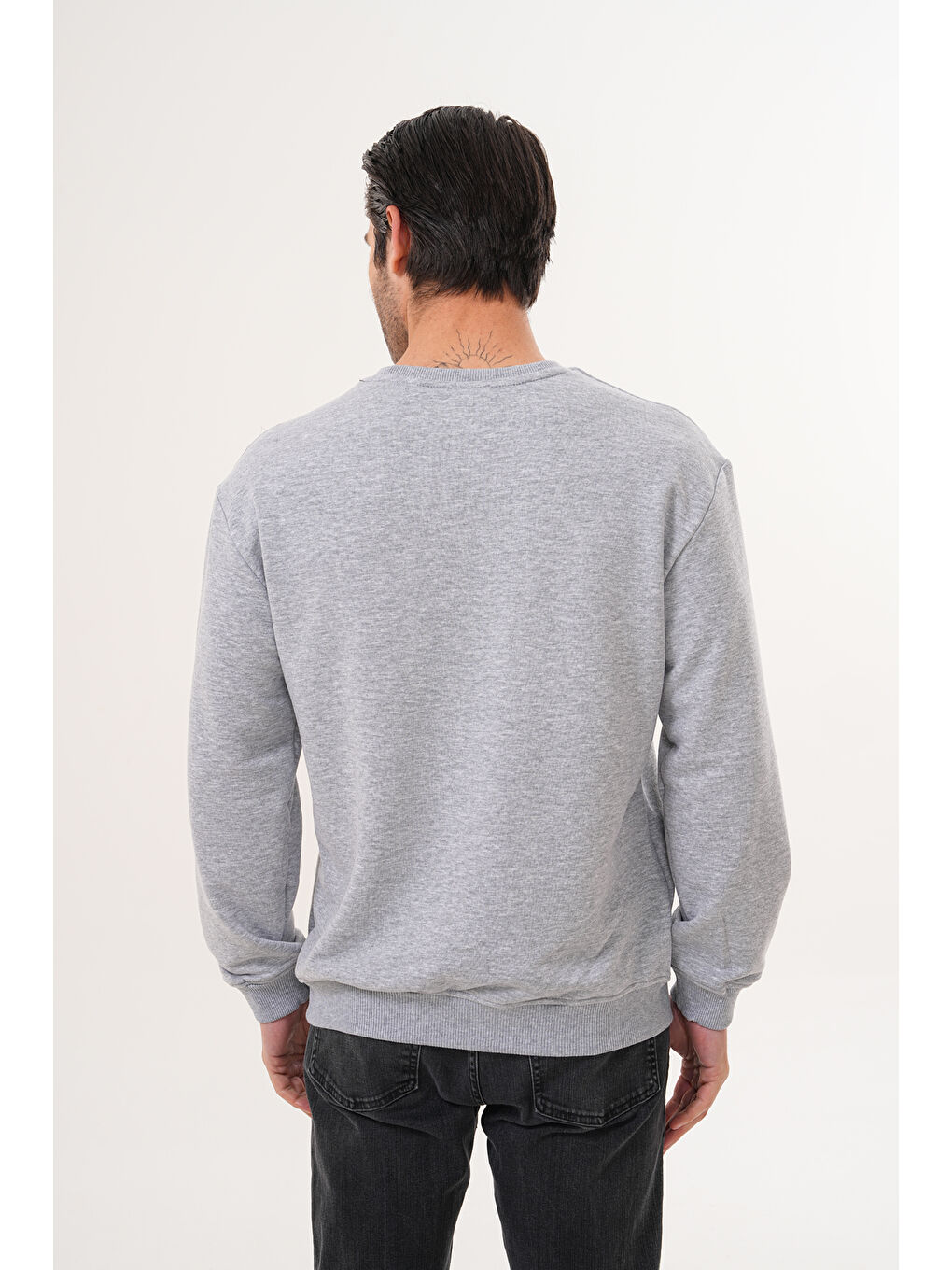 Gri Unisex Bisiklet Yaka %100 Pamuk Basic Sweatshirt-3