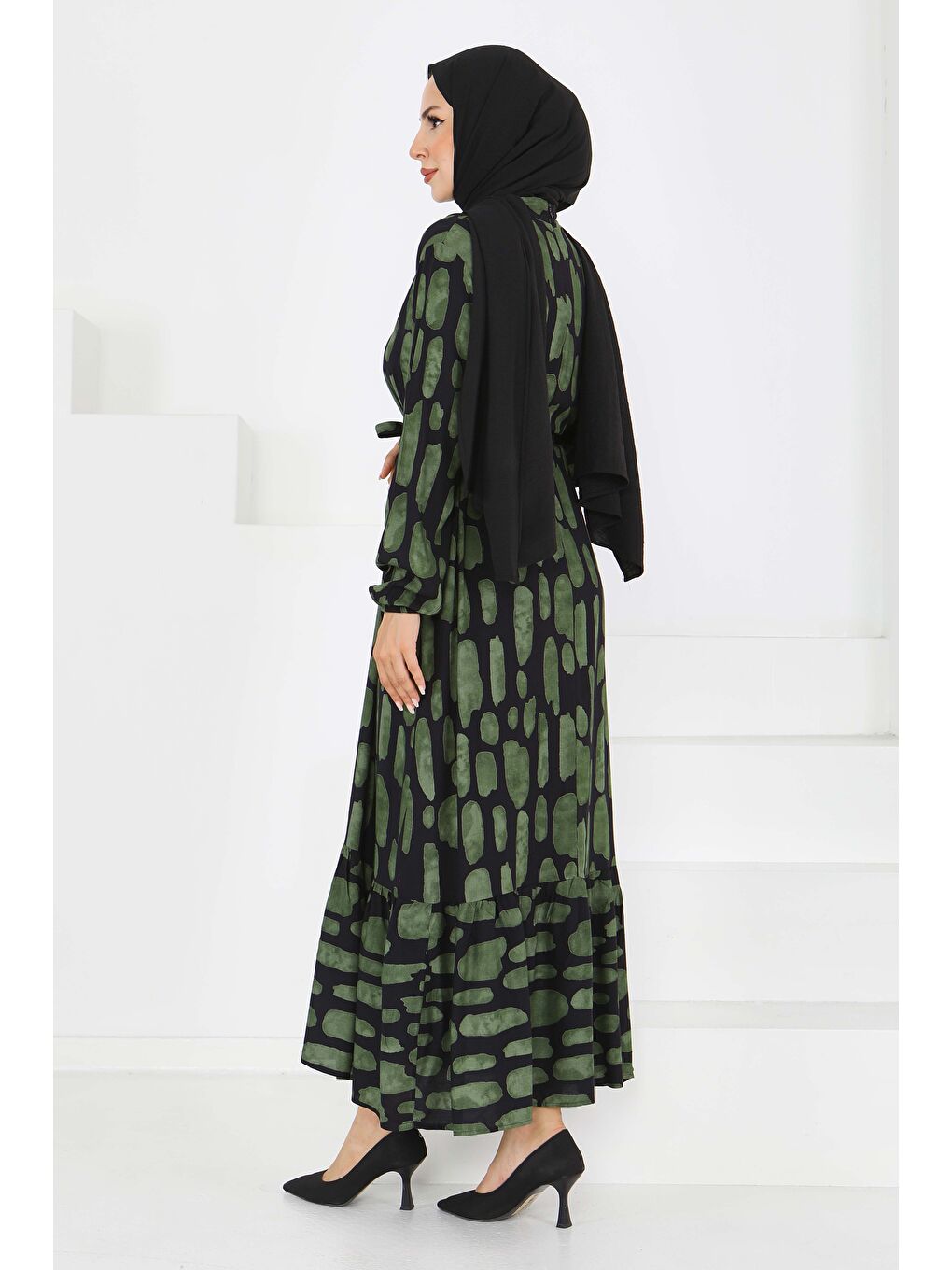 Desenli Kuşaklı Elbise Haki - 27519-4