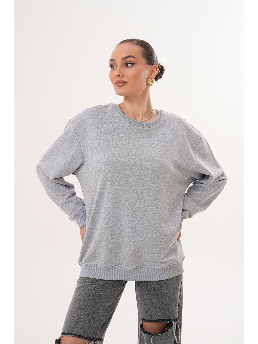 Gri Unisex Bisiklet Yaka %100 Pamuk Basic Sweatshirt-5
