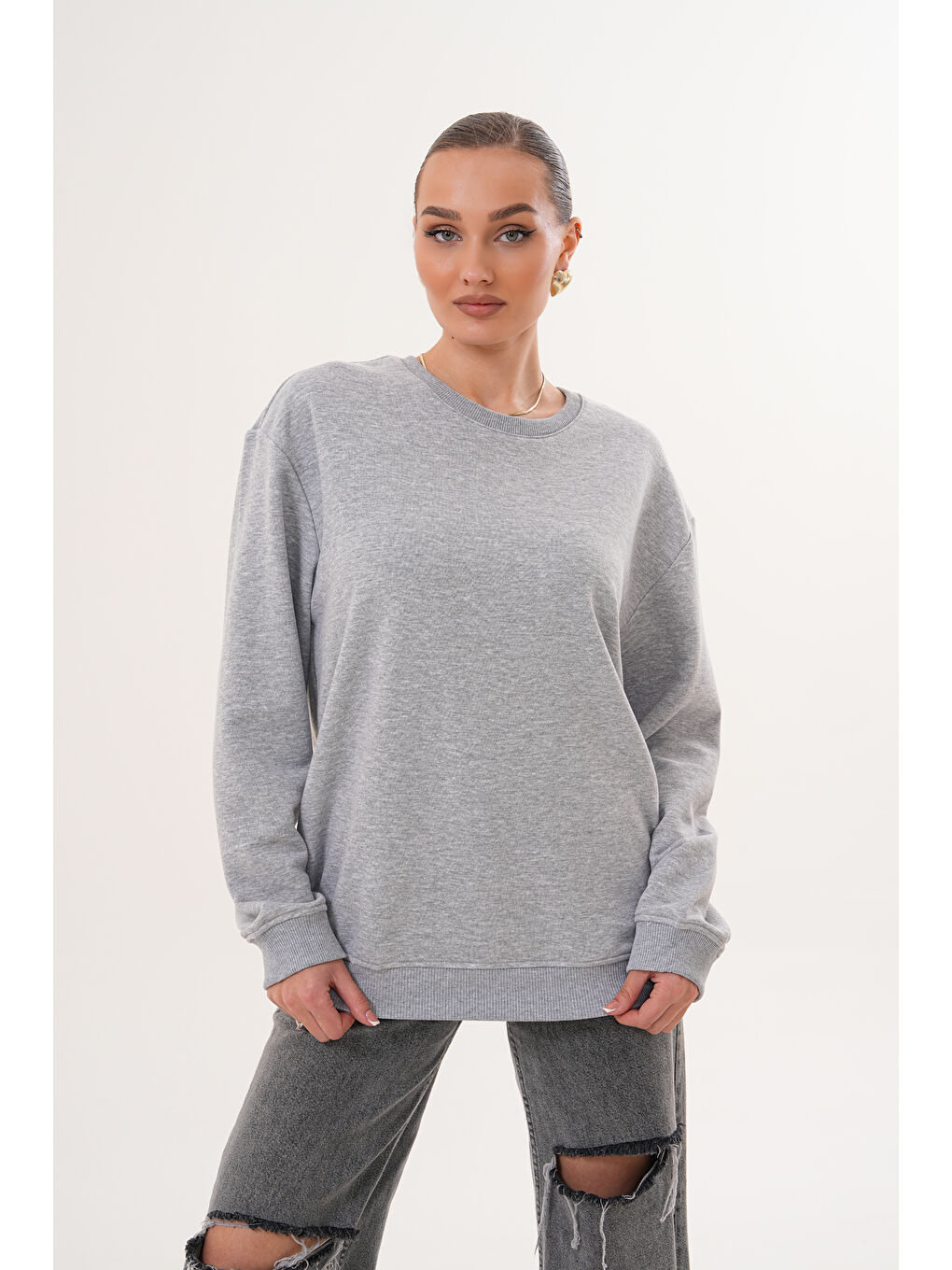 Gri Unisex Bisiklet Yaka %100 Pamuk Basic Sweatshirt-7
