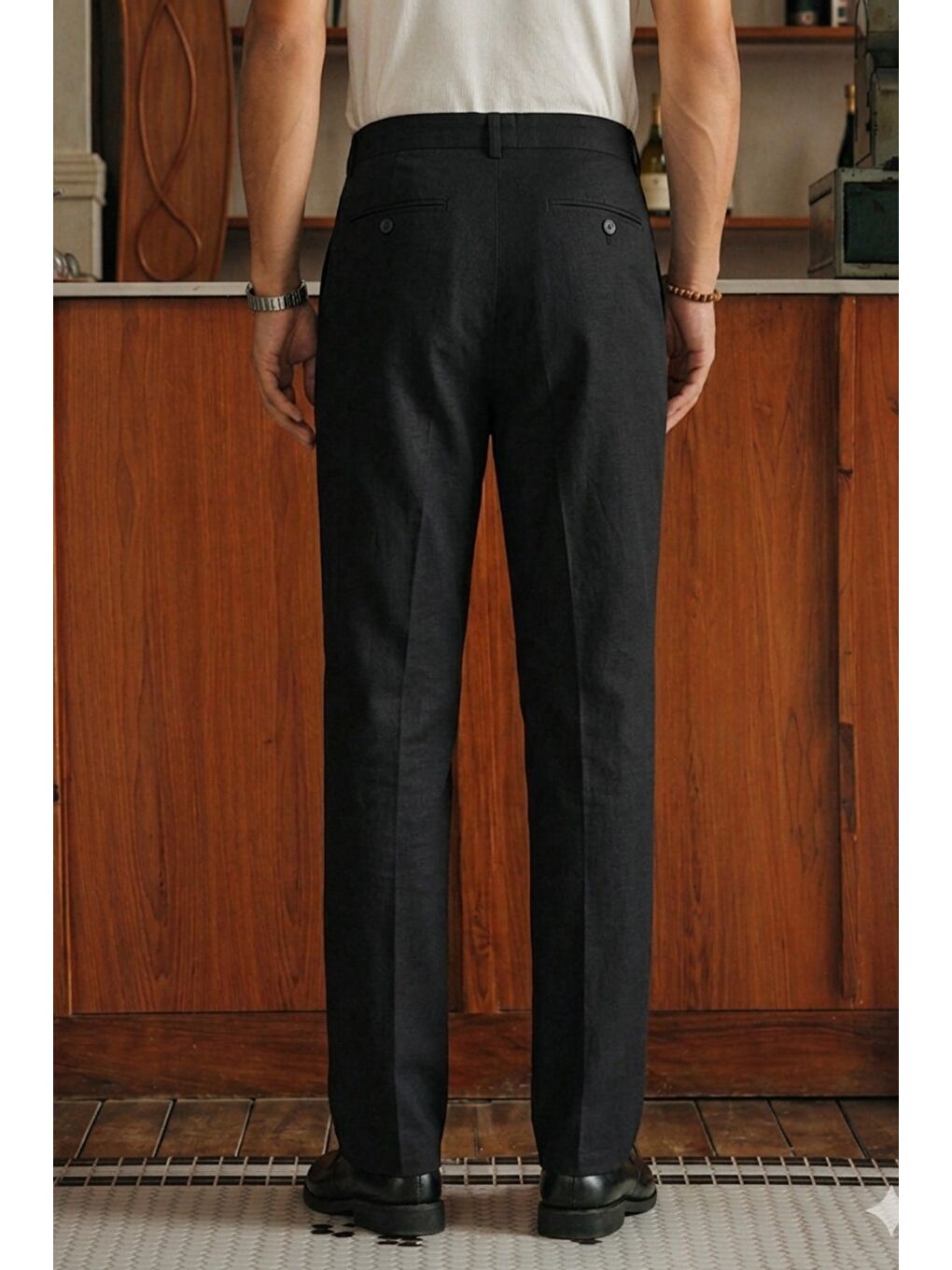Siyah Erkek Pileli Old Money Klasik Kumaş Pantolon Rahat Kalıp Yazlık-3