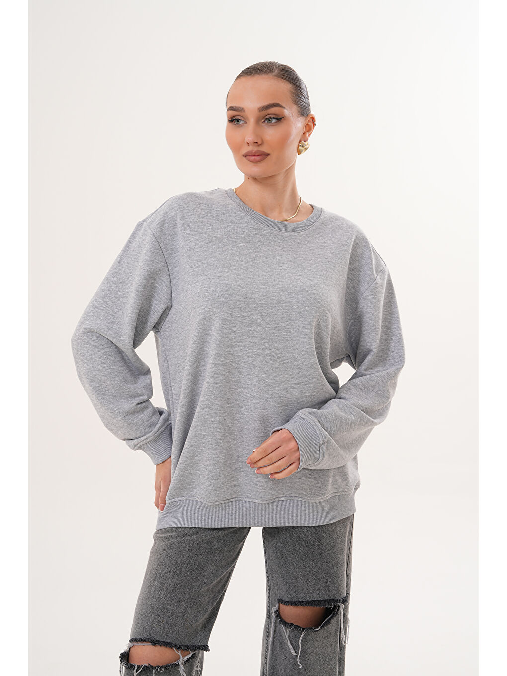 Gri Unisex Bisiklet Yaka %100 Pamuk Basic Sweatshirt-9