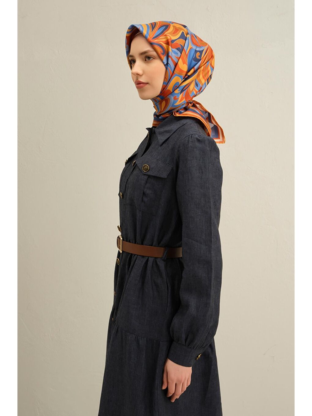 Turuncu Geometrik Desenli Saf İpek Twill Eşarp 9323 54-1