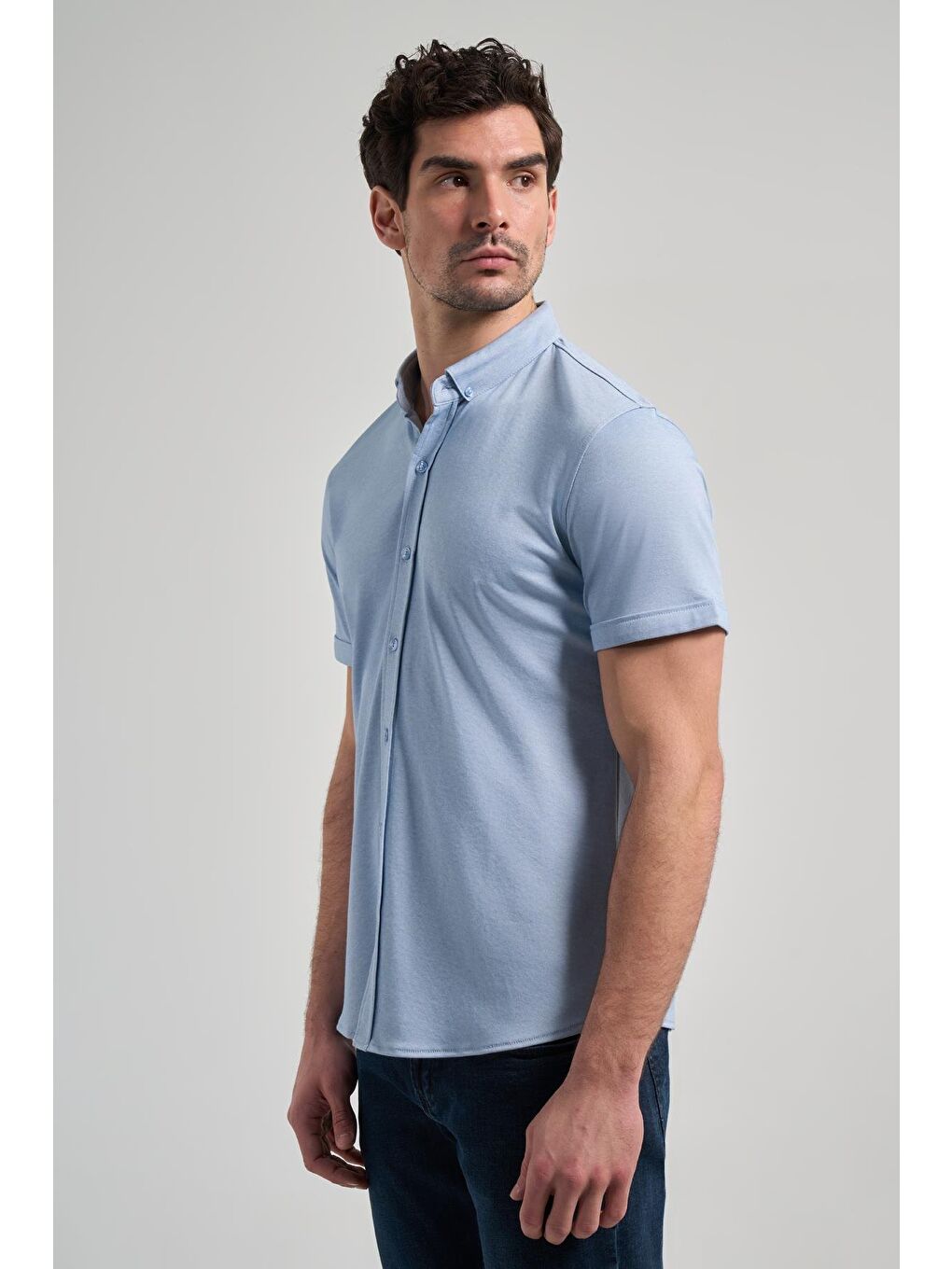 Koyu Mavi Uzun Kol Düz Örme Düğmeli Yaka Cepsiz Pamuklu Classic Slim Fit Gömlek 1004250152_300-2