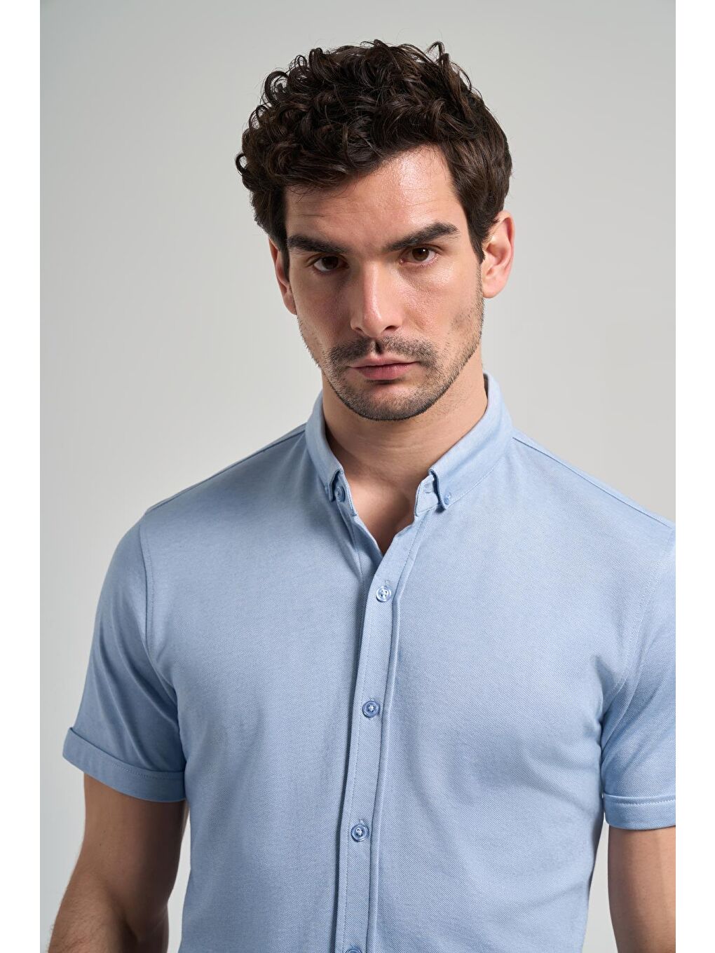 Koyu Mavi Uzun Kol Düz Örme Düğmeli Yaka Cepsiz Pamuklu Classic Slim Fit Gömlek 1004250152_300-3