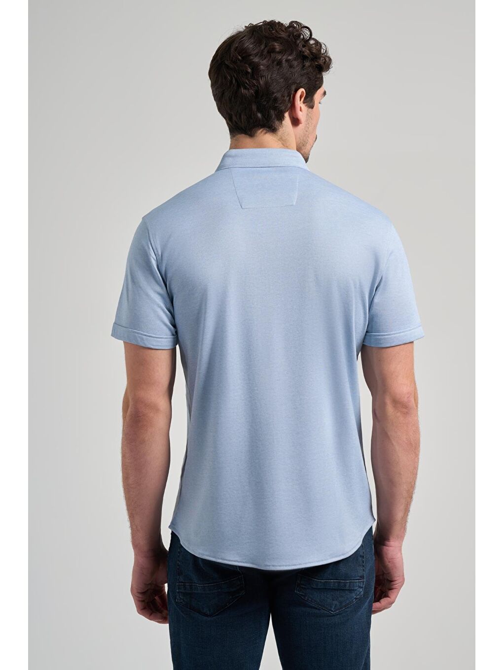 Koyu Mavi Uzun Kol Düz Örme Düğmeli Yaka Cepsiz Pamuklu Classic Slim Fit Gömlek 1004250152_300-4