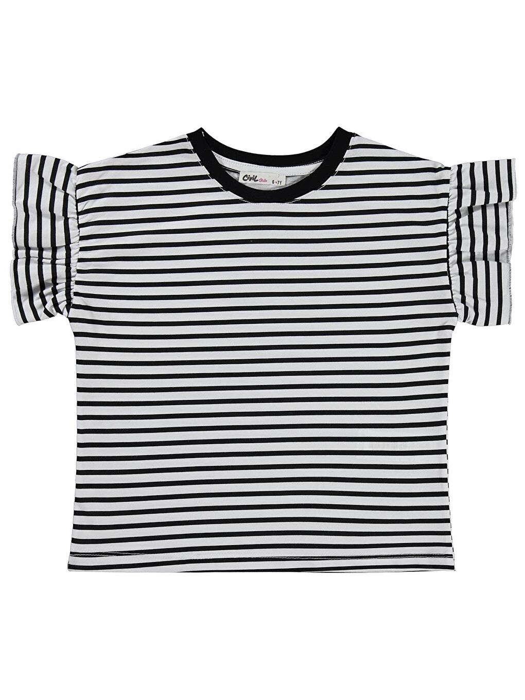 Girls Çizgili Volan Kol 10-13 Yaş Tişört - Siyah