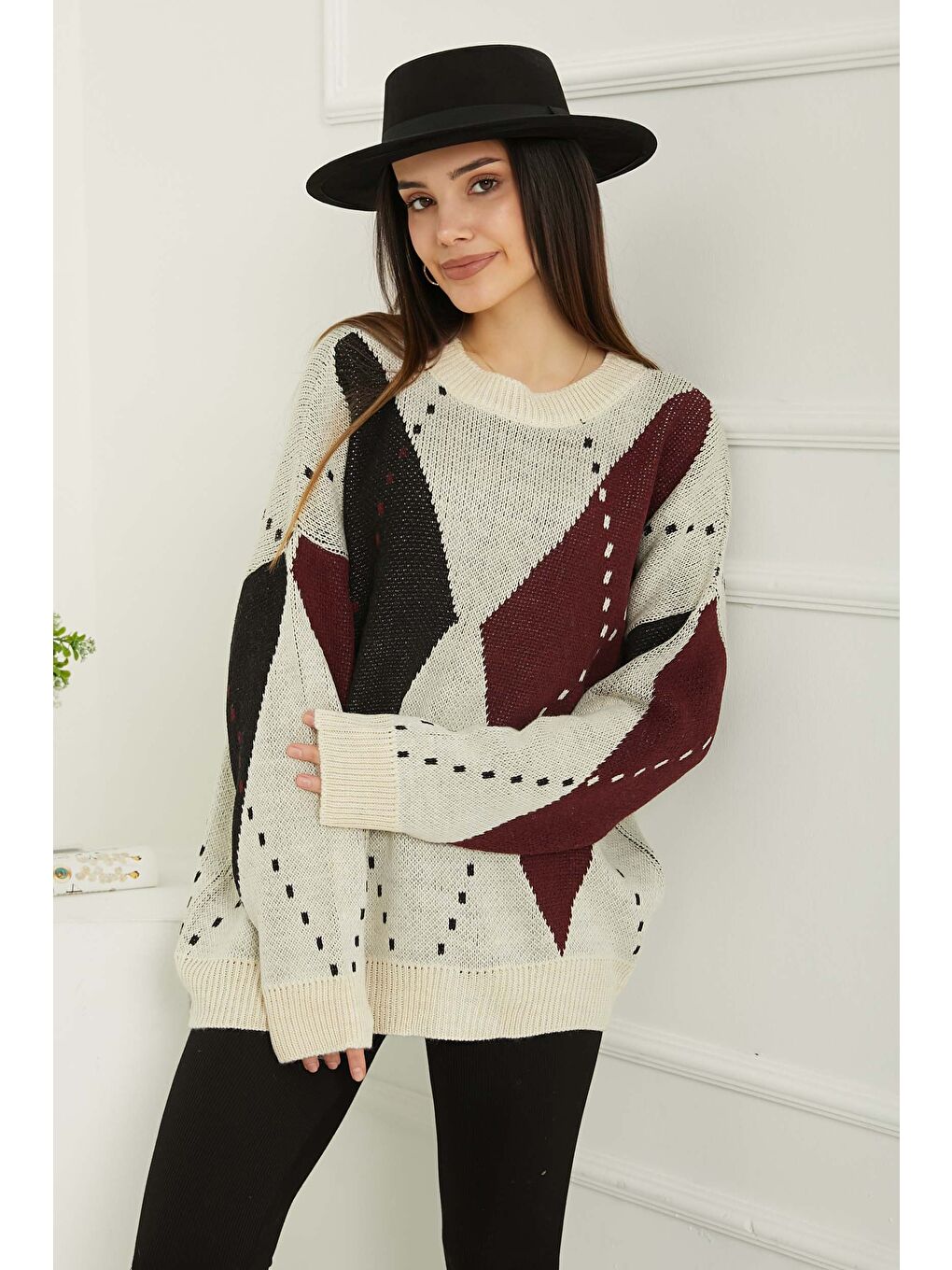 Haki Baklava Desen Triko Kazak Bordo Ekru - 27671