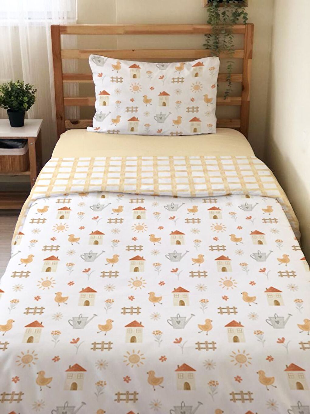 Karışık Ördek Desenli Çarşafsız 2'li Takım Baskılı Tek Kişilik Nevresim Takımı 160x220 cm