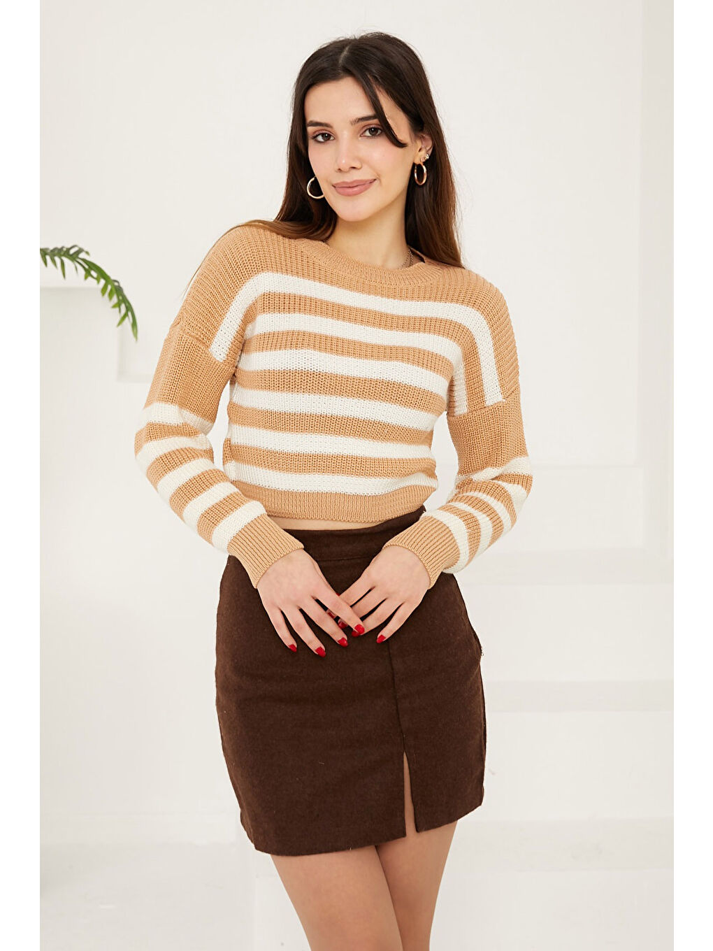 Bej Çizgili Triko Crop Vizon - 27649