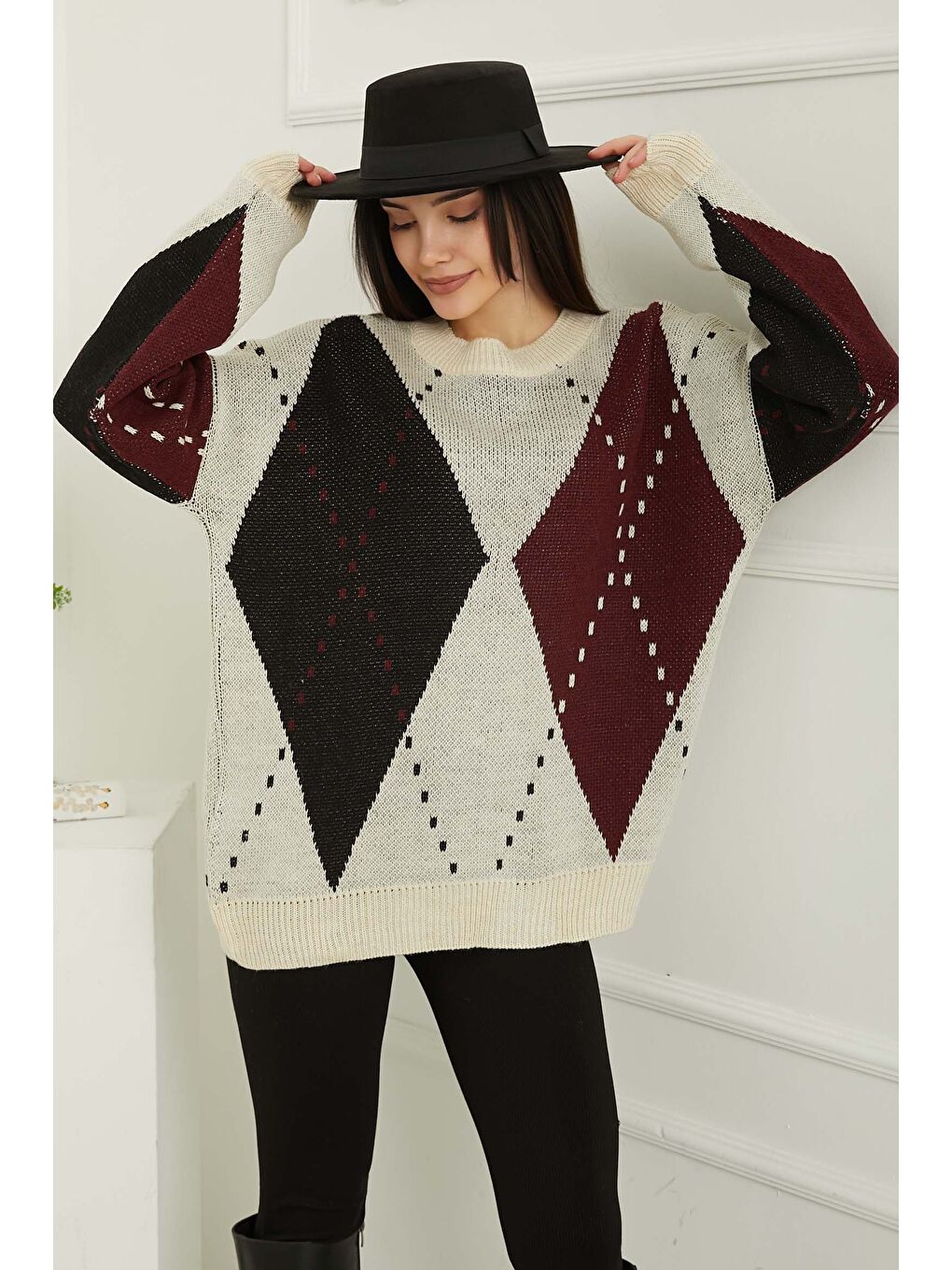 Haki Baklava Desen Triko Kazak Bordo Ekru - 27671-1