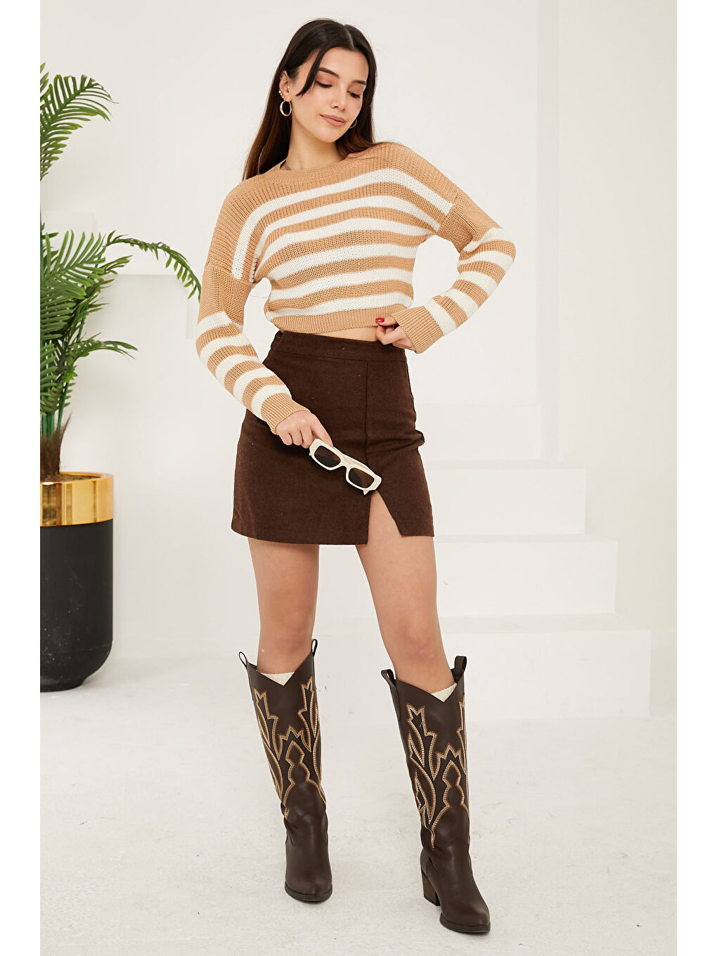 Bej Çizgili Triko Crop Vizon - 27649-1