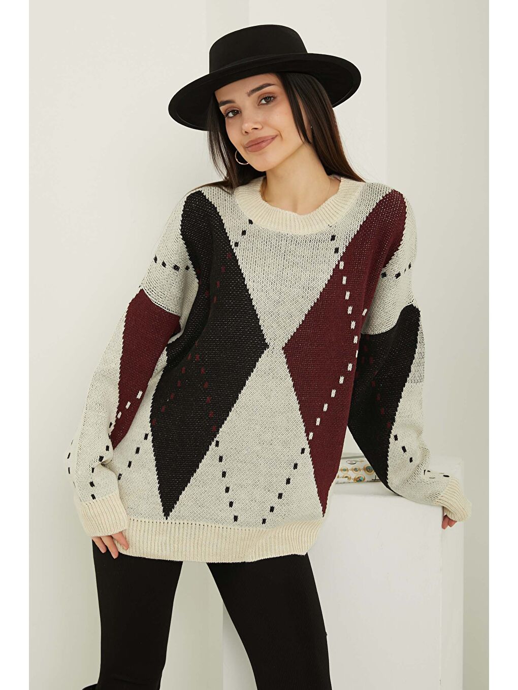 Haki Baklava Desen Triko Kazak Bordo Ekru - 27671-2