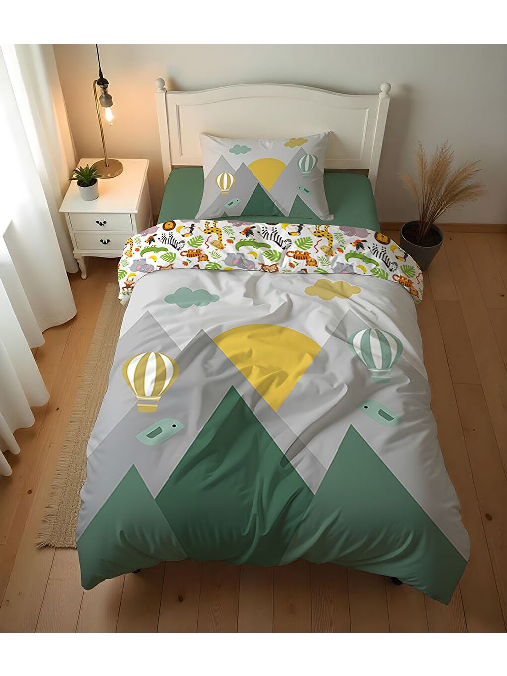 Karışık Balon ve Dağ Desenli Çarşafsız 2'li Takım Baskılı Tek Kişilik Nevresim Takımı 160x220 cm-2