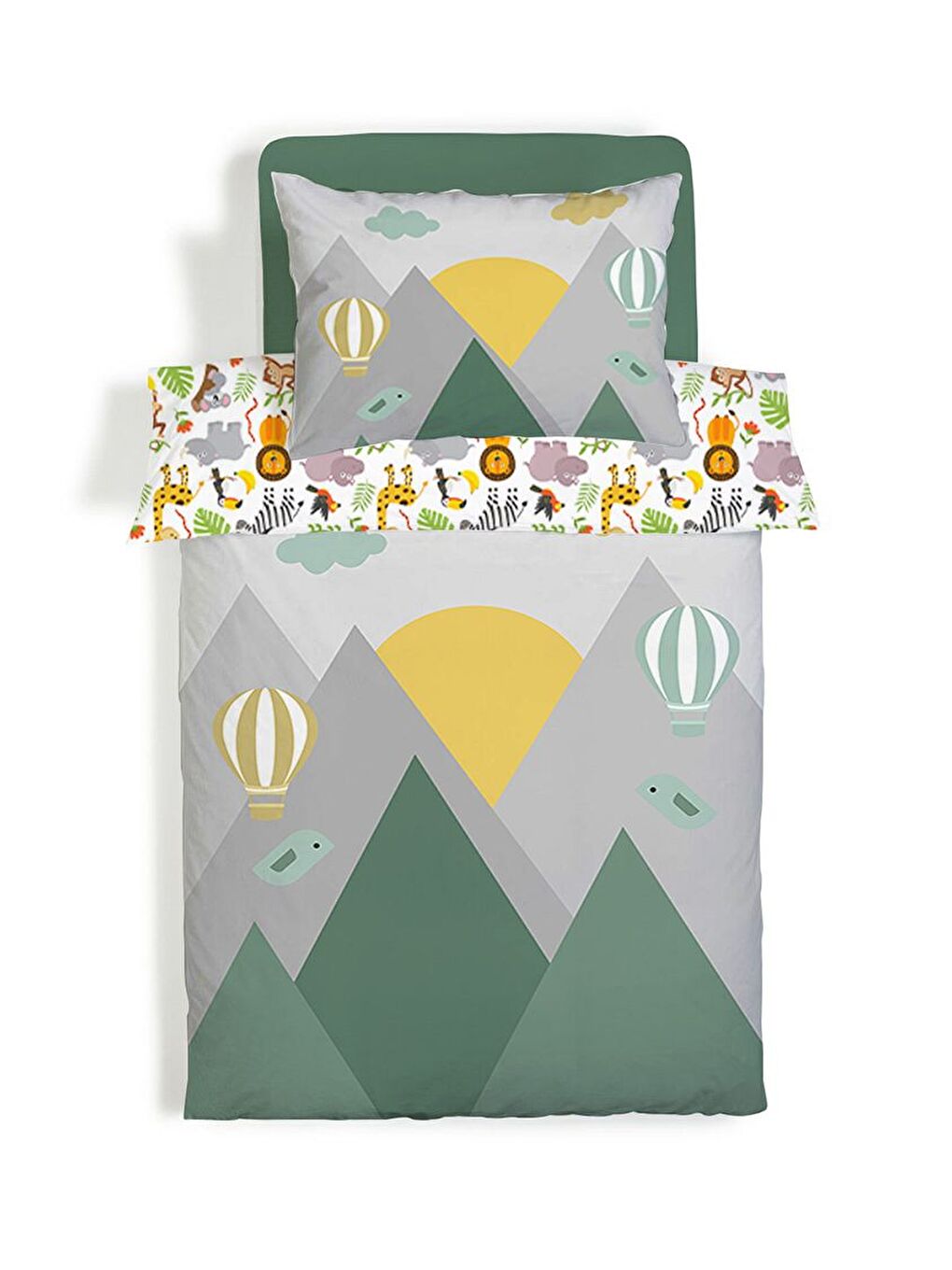 Karışık Balon ve Dağ Desenli Çarşafsız 2'li Takım Baskılı Tek Kişilik Nevresim Takımı 160x220 cm-3