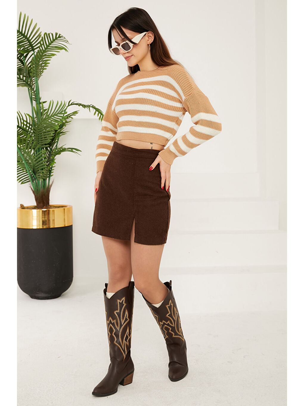 Bej Çizgili Triko Crop Vizon - 27649-2