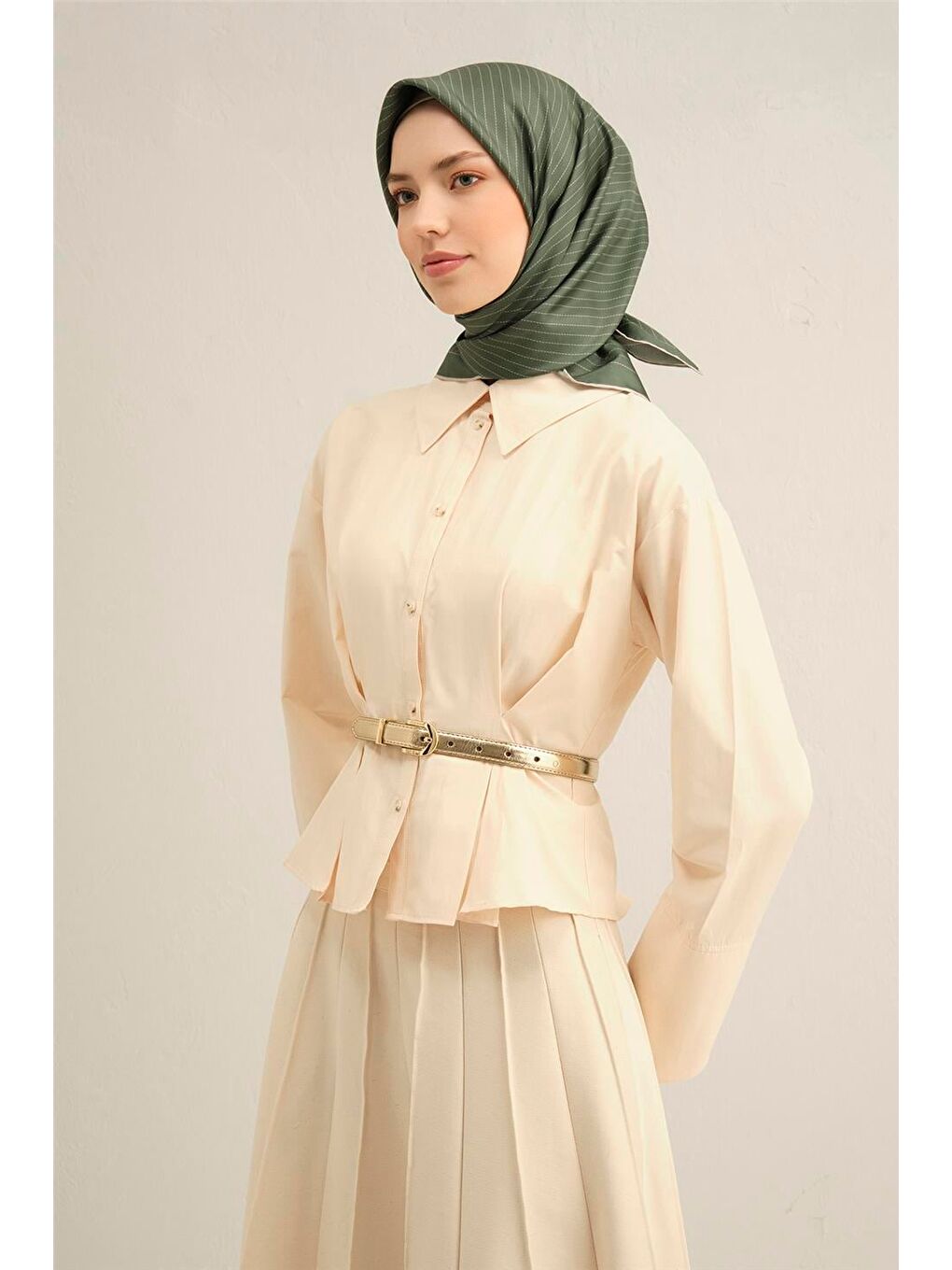 Haki Desenli Saf İpek Twill Eşarp 9348 54