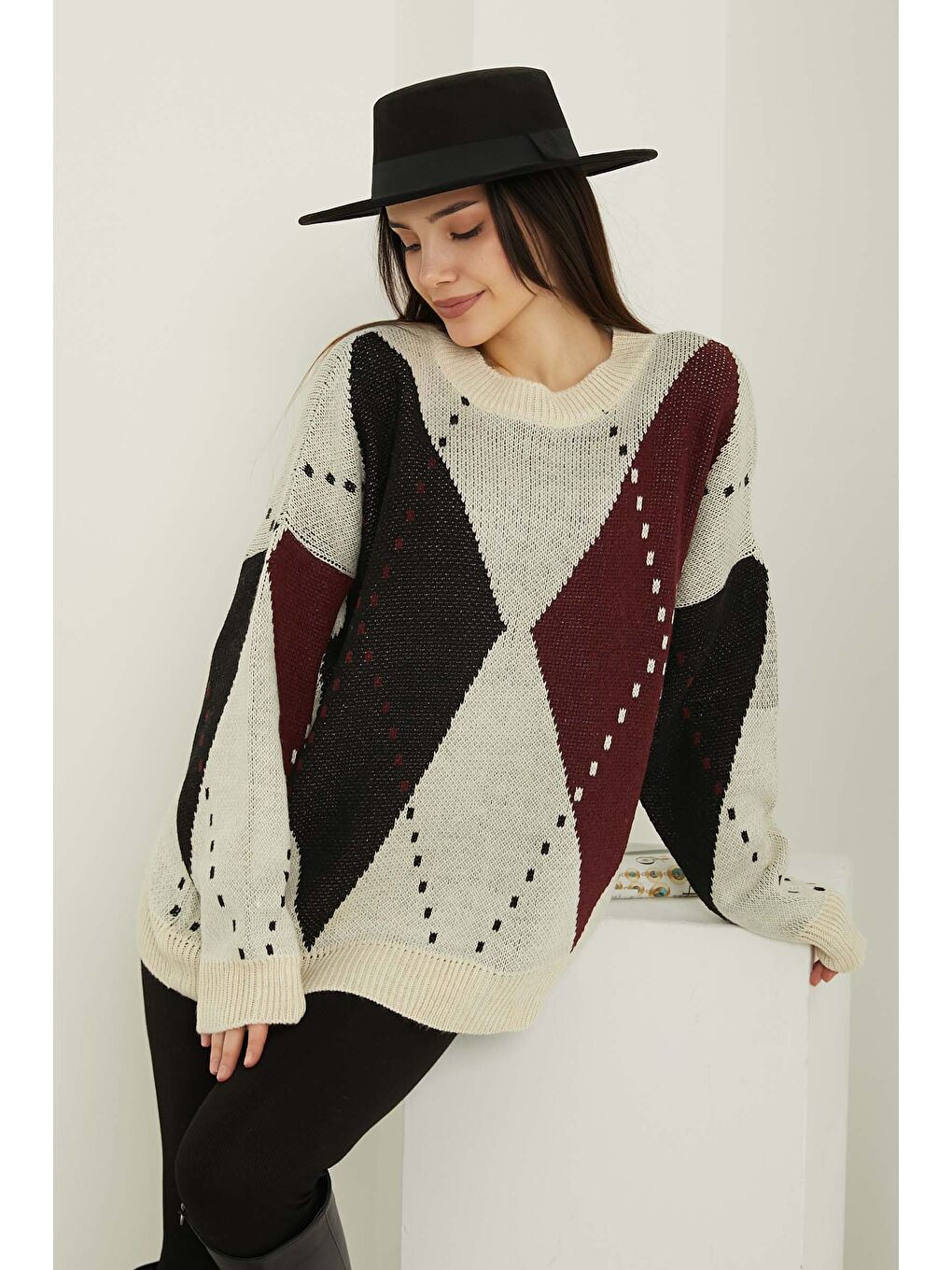 Haki Baklava Desen Triko Kazak Bordo Ekru - 27671-3