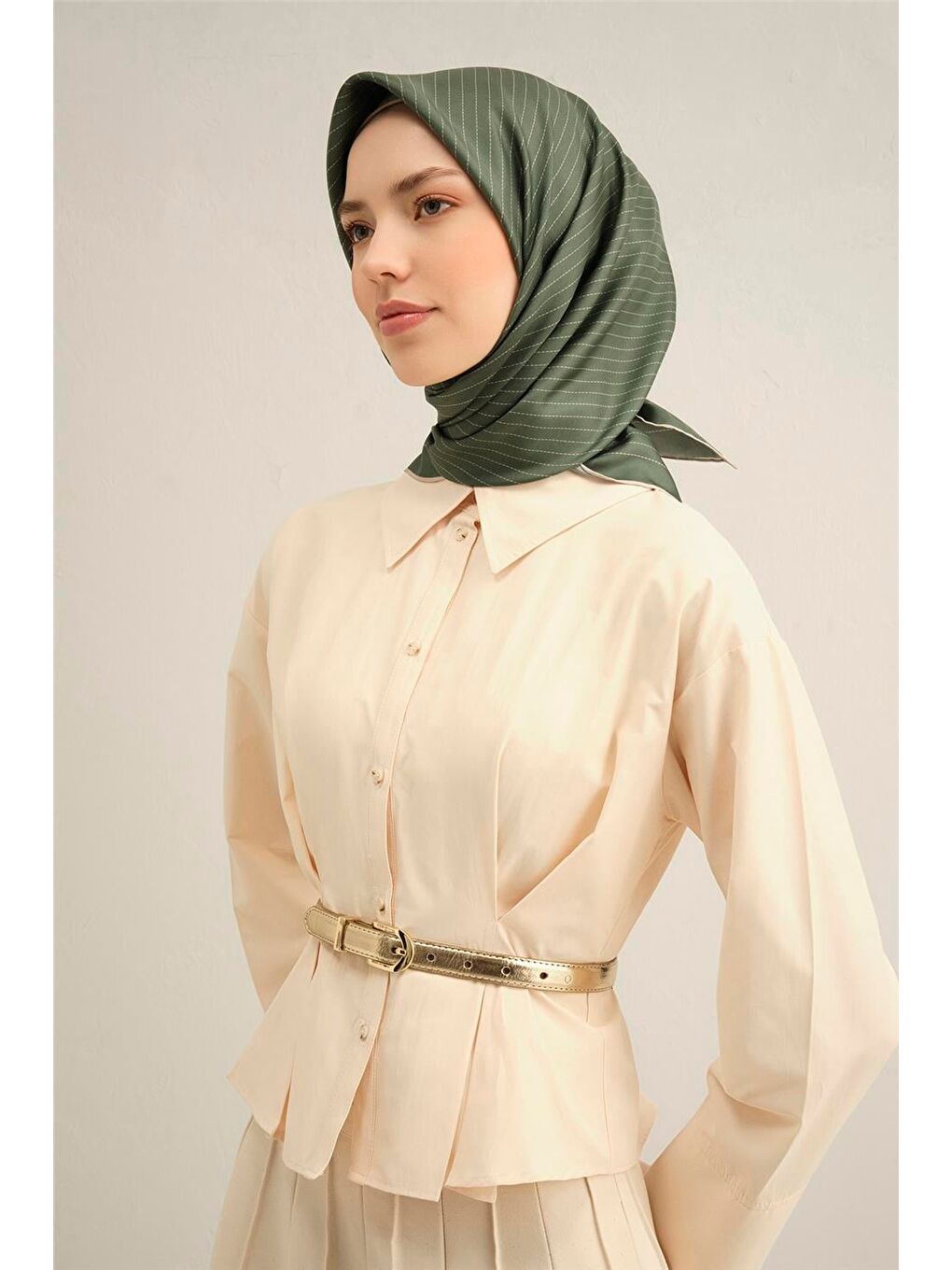 Haki Desenli Saf İpek Twill Eşarp 9348 54-1