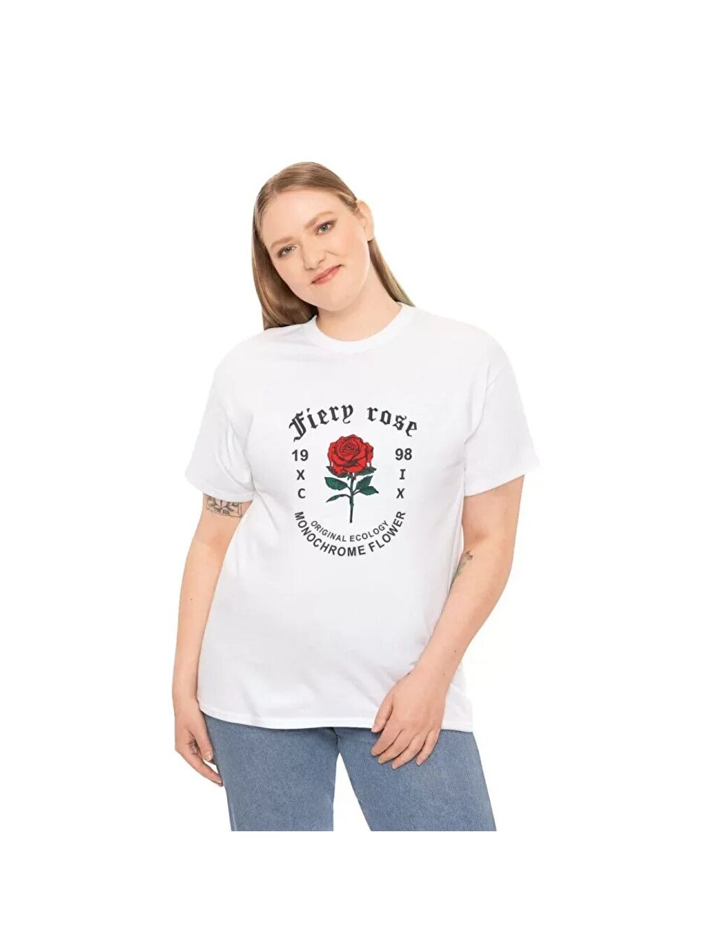 Unisex Bisiklet Yaka Baskılı T-Shirt - Beyaz