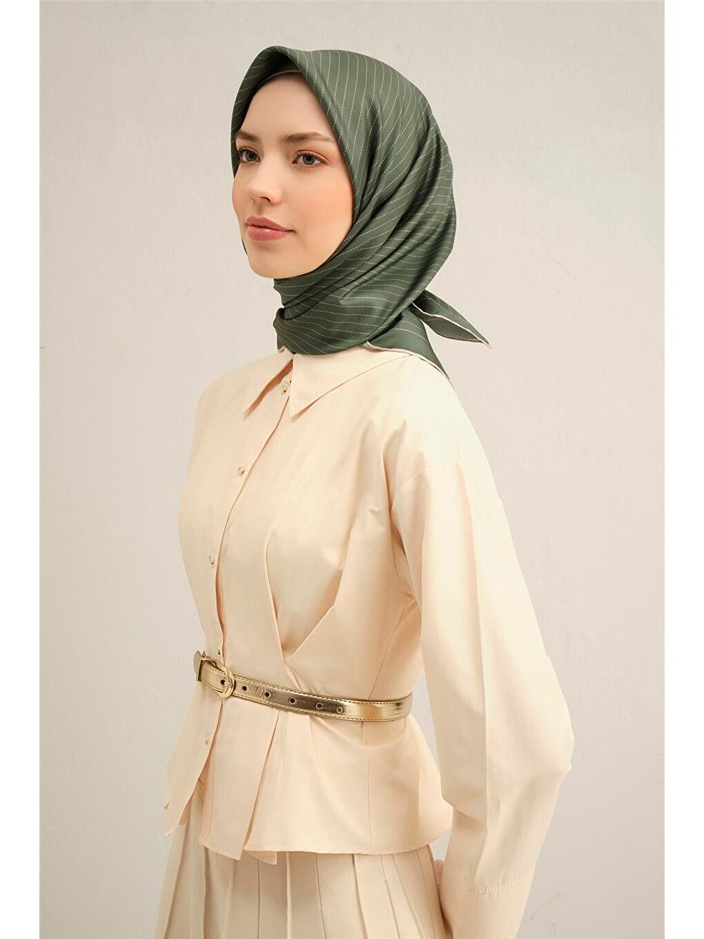 Haki Desenli Saf İpek Twill Eşarp 9348 54-2