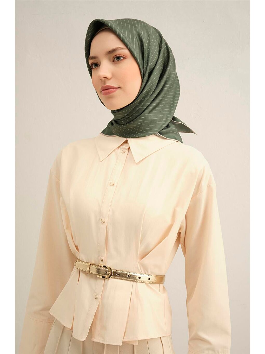 Haki Desenli Saf İpek Twill Eşarp 9348 54-3