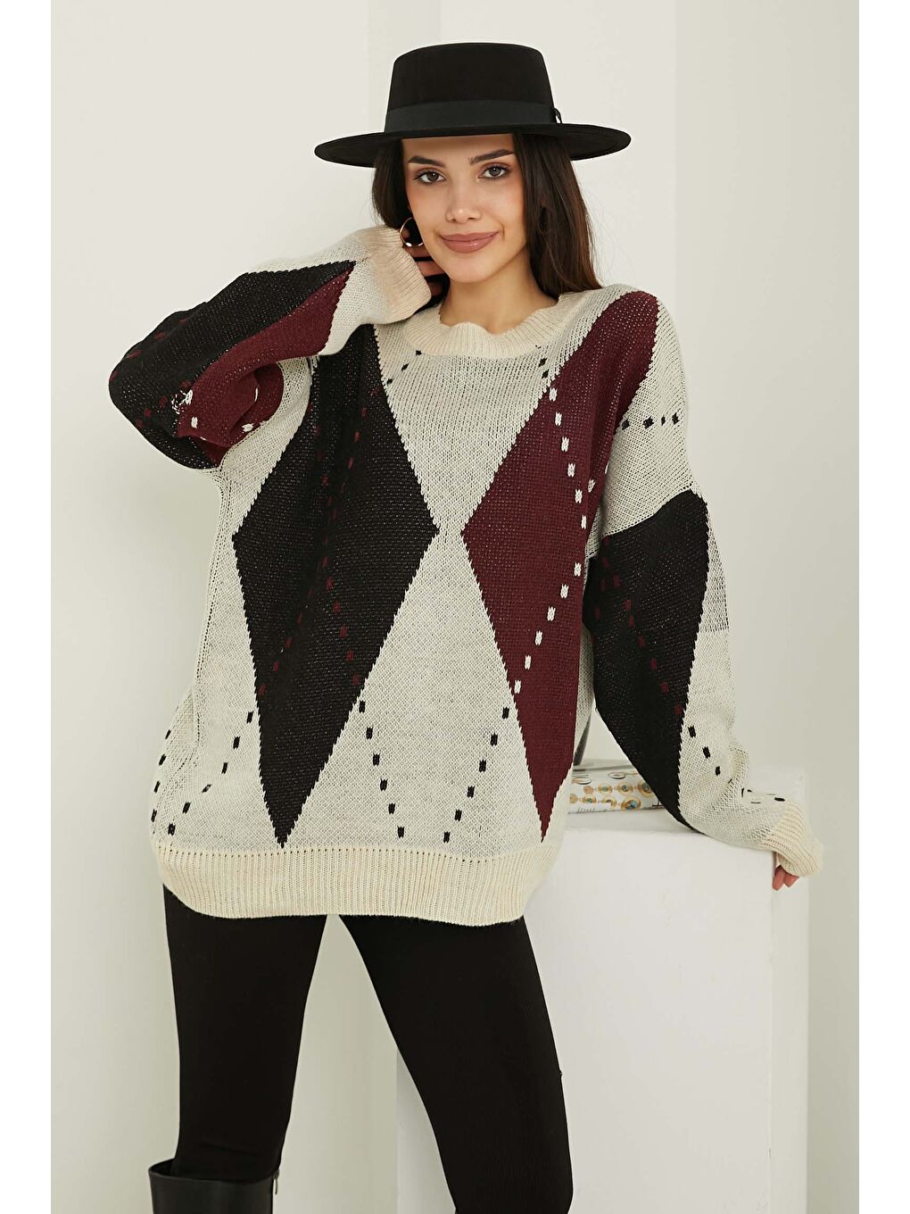 Haki Baklava Desen Triko Kazak Bordo Ekru - 27671-4