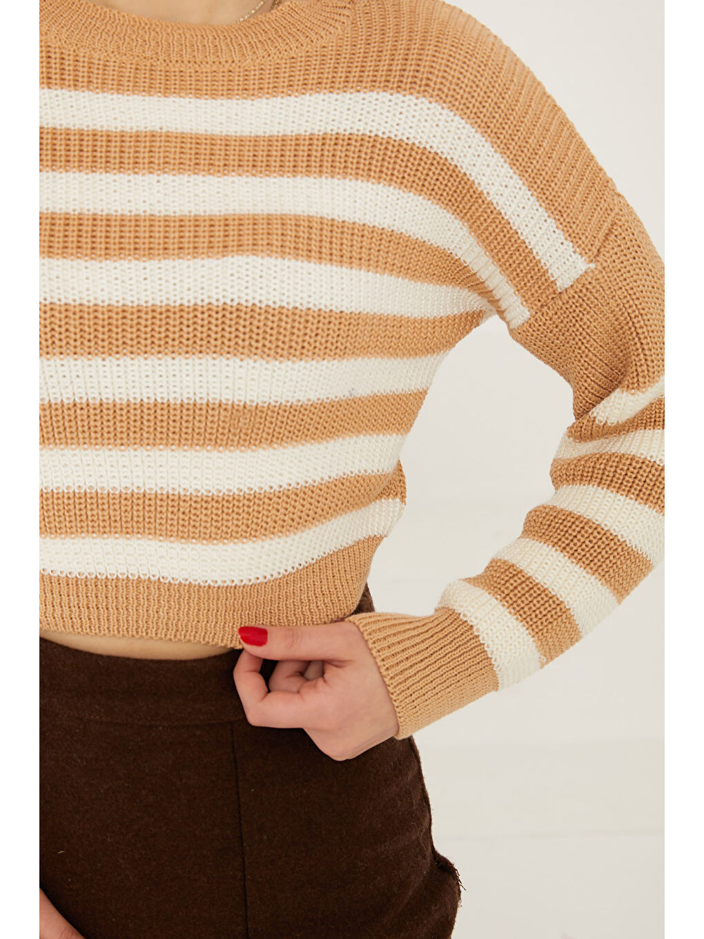 Bej Çizgili Triko Crop Vizon - 27649-3