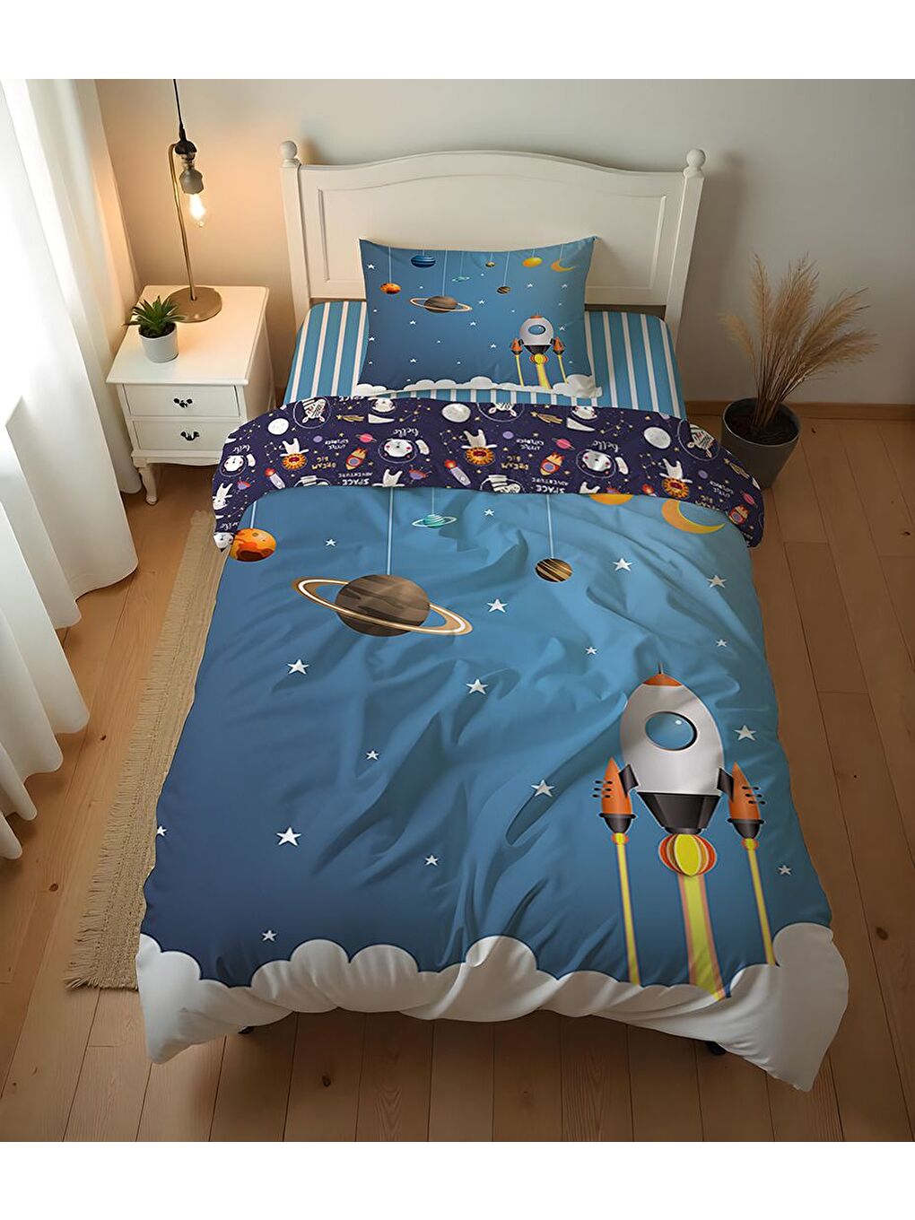 Karışık Uzay Desenli Çarşafsız 2'li Takım Baskılı Tek Kişilik Nevresim Takımı 160x220 cm-2