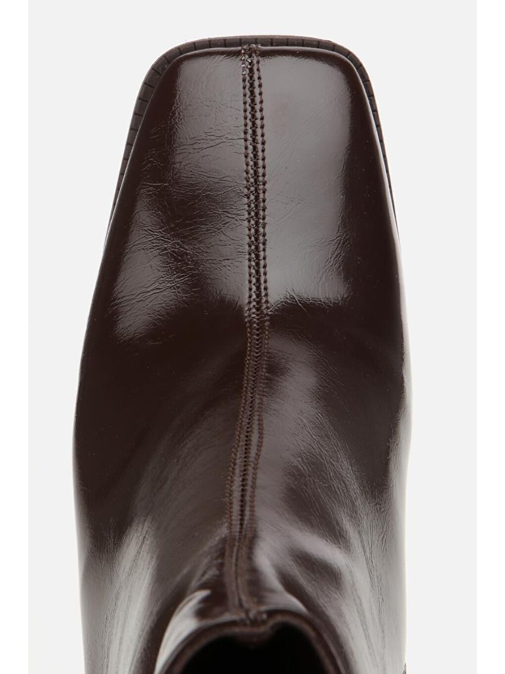 Kadın Rugan Kahverengi Fermuarlı Küt Burunlu Topuklu Bot-4