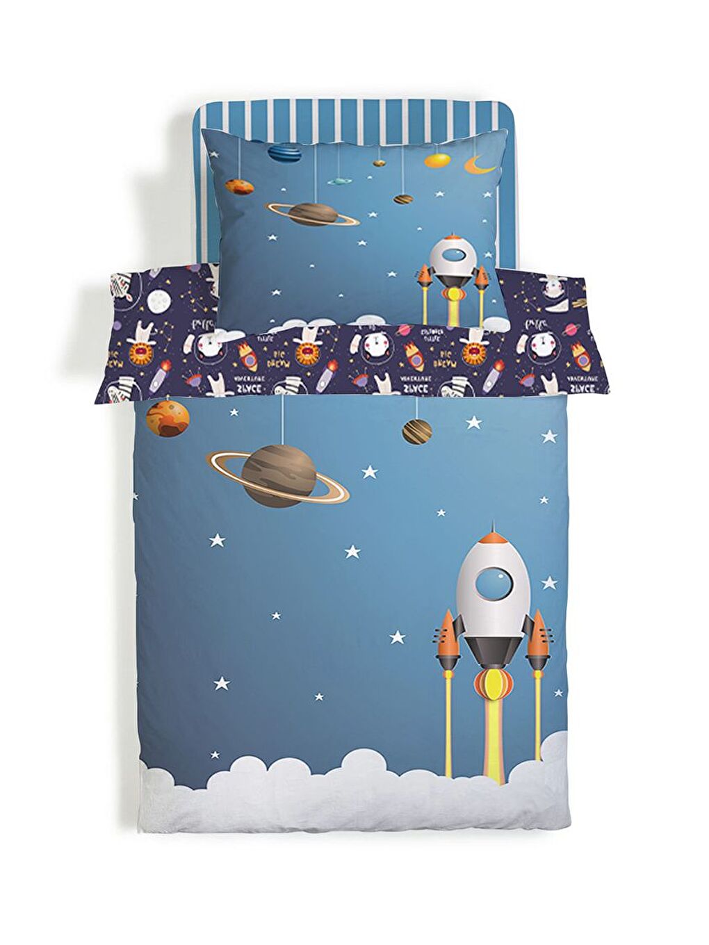 Karışık Uzay Desenli Çarşafsız 2'li Takım Baskılı Tek Kişilik Nevresim Takımı 160x220 cm-3