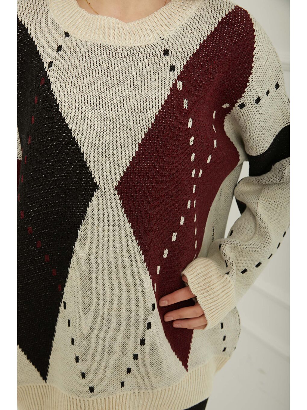 Haki Baklava Desen Triko Kazak Bordo Ekru - 27671-5