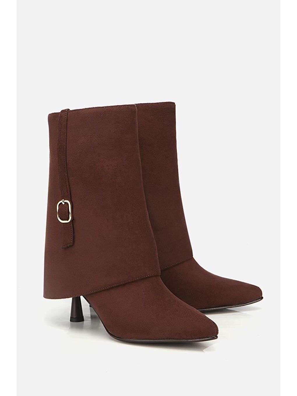 Kadın Süet Kahverengi Pantolon Görünümlü Tokalı Topuklu Bot-1