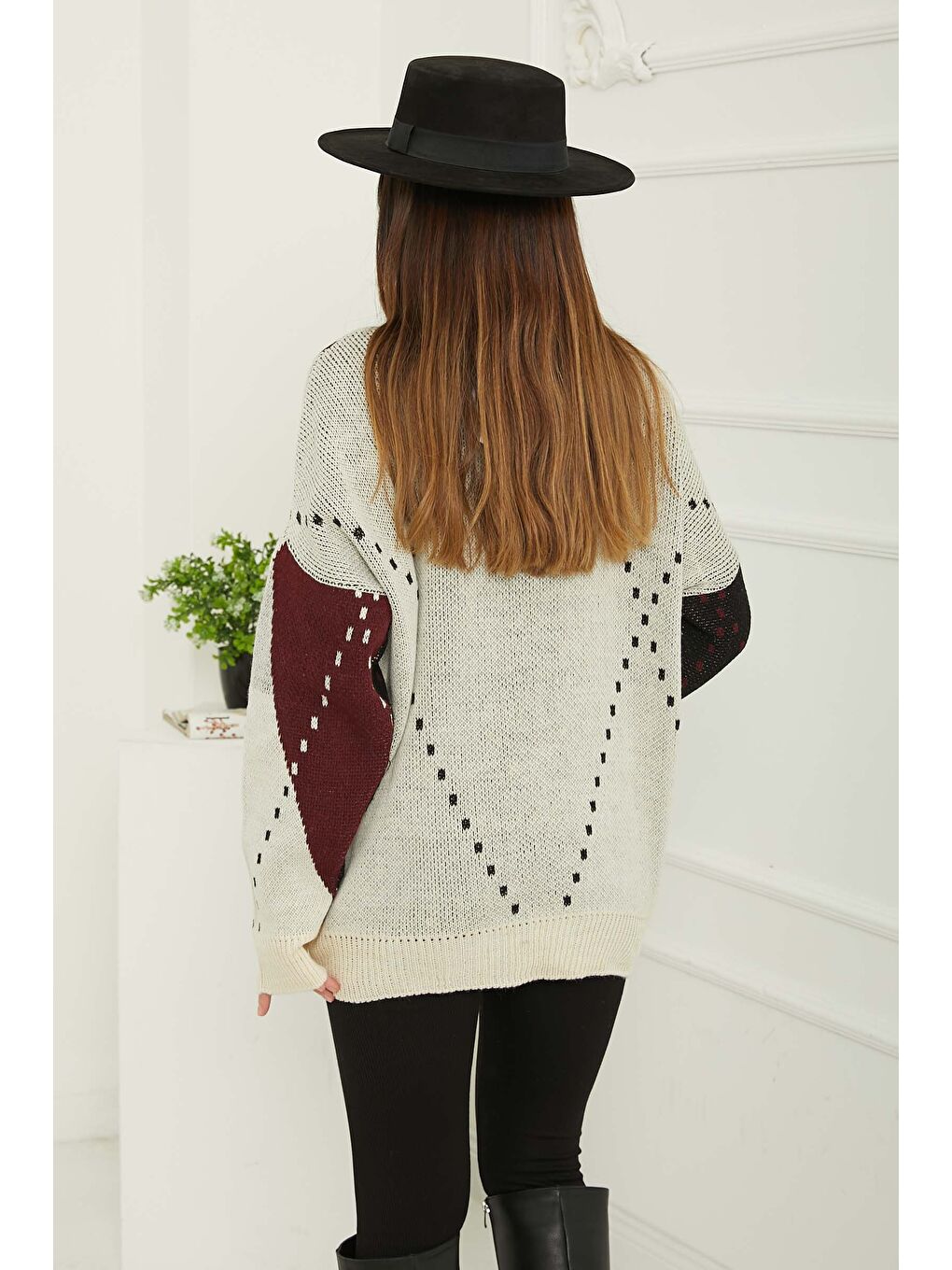 Haki Baklava Desen Triko Kazak Bordo Ekru - 27671-6