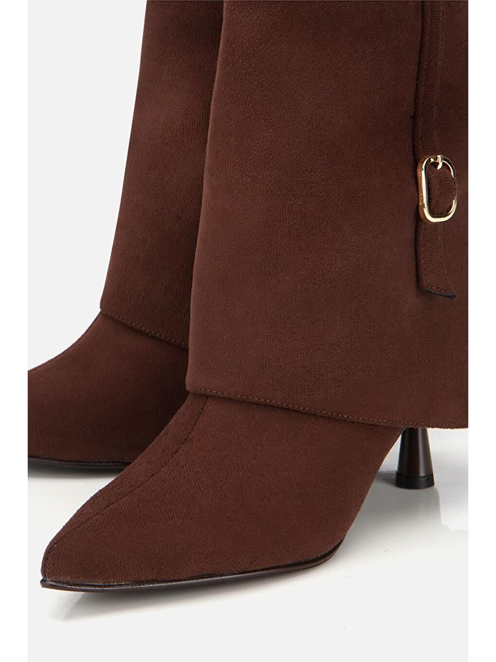 Kadın Süet Kahverengi Pantolon Görünümlü Tokalı Topuklu Bot-3