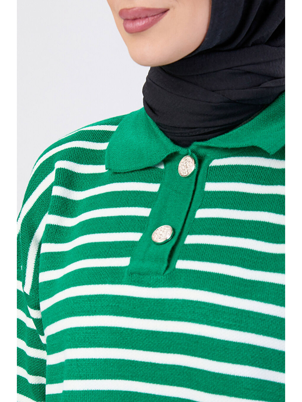 Yeşil Çift Düğmeli Çizgili Triko Kazak Yesil - 27628-3
