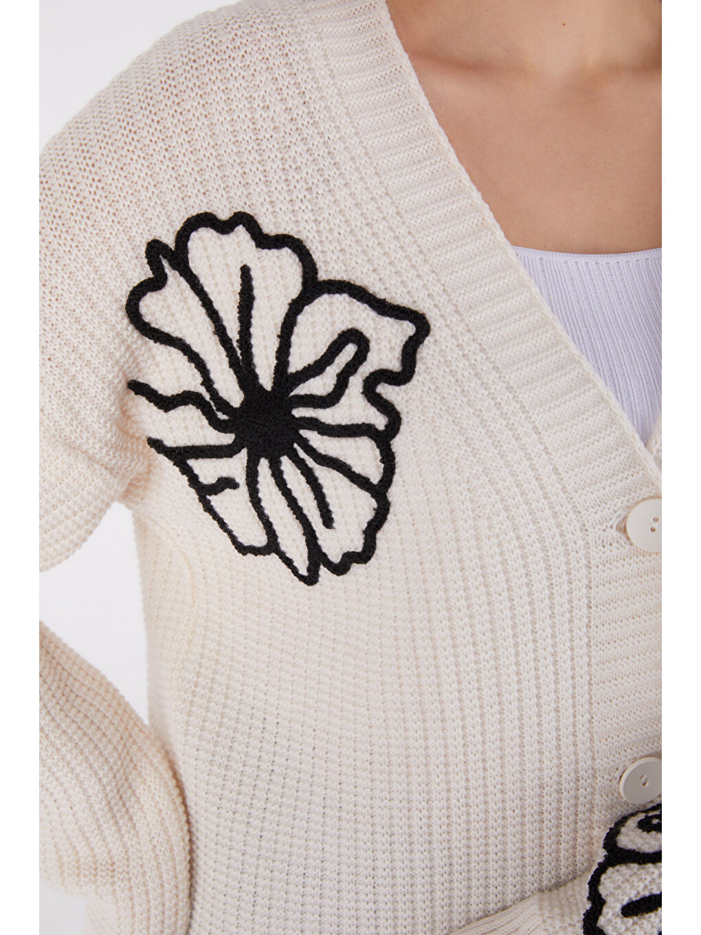 Nakışlı Düğmeli Triko Hırka Bej - 27629-5