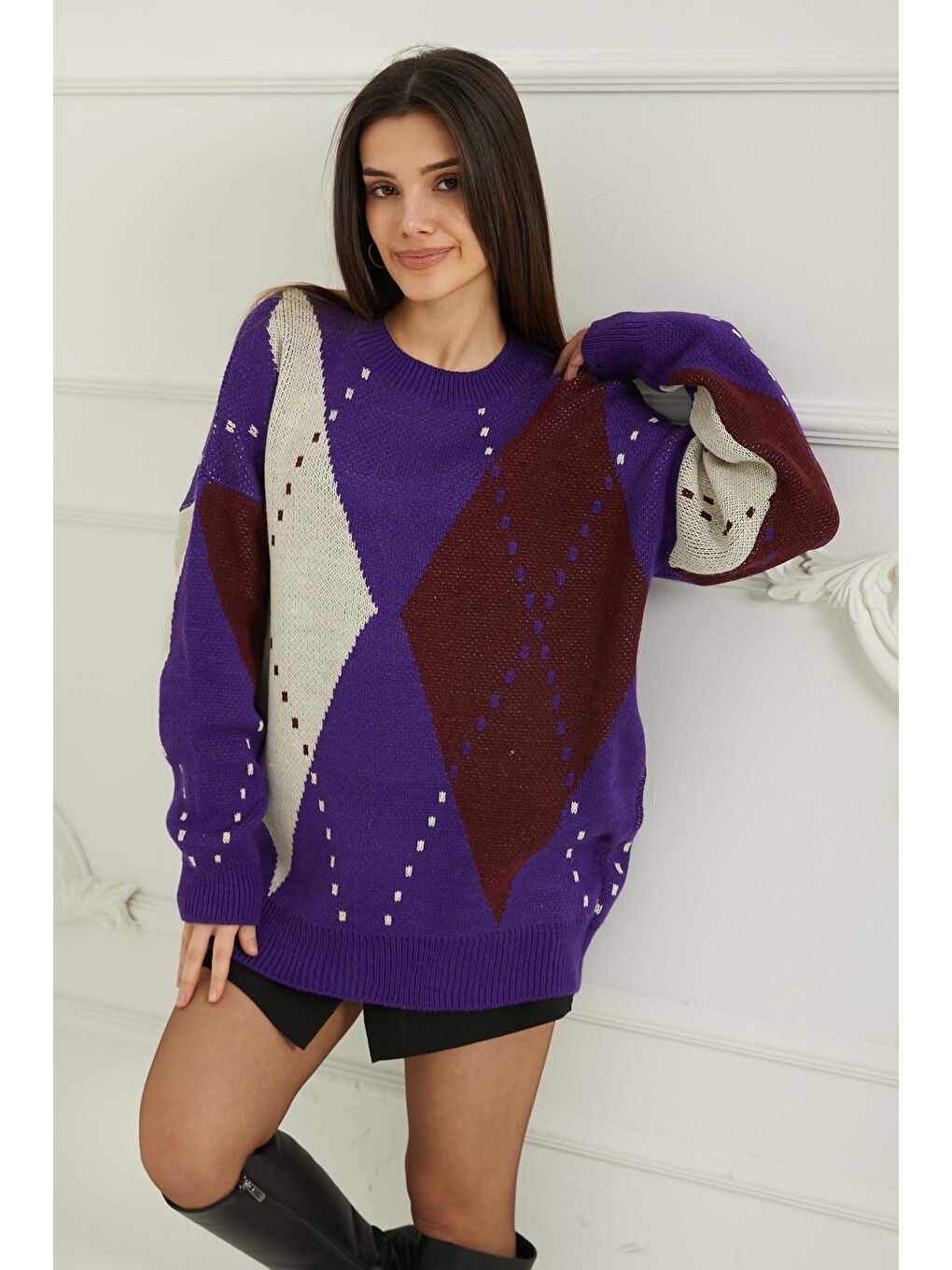 Baklava Desen Triko Kazak Beyaz Mor - 27671-1