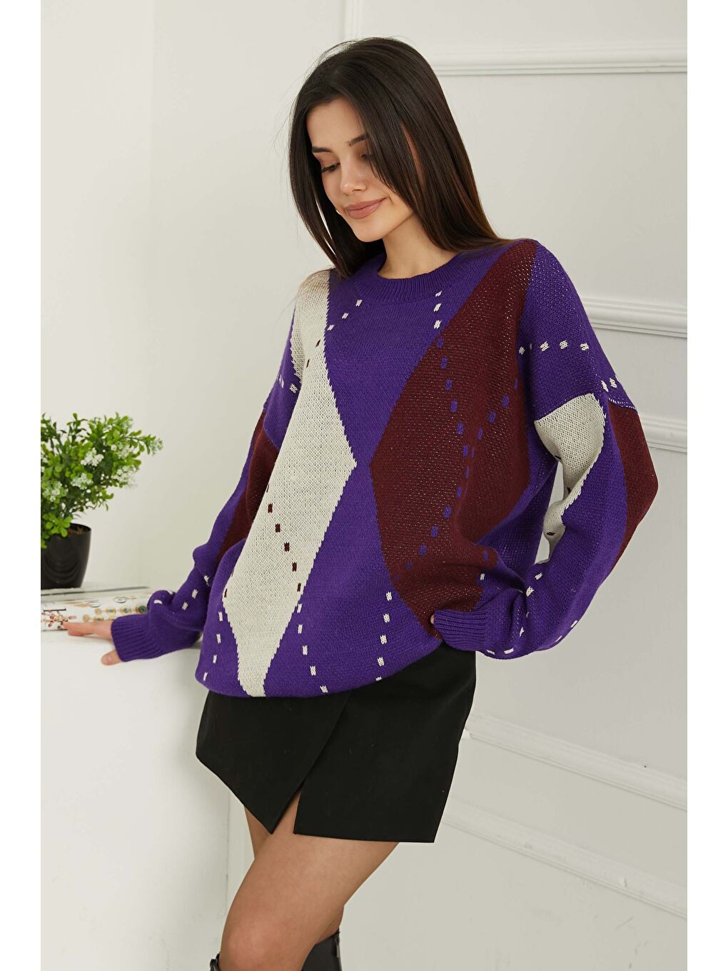 Baklava Desen Triko Kazak Beyaz Mor - 27671-2