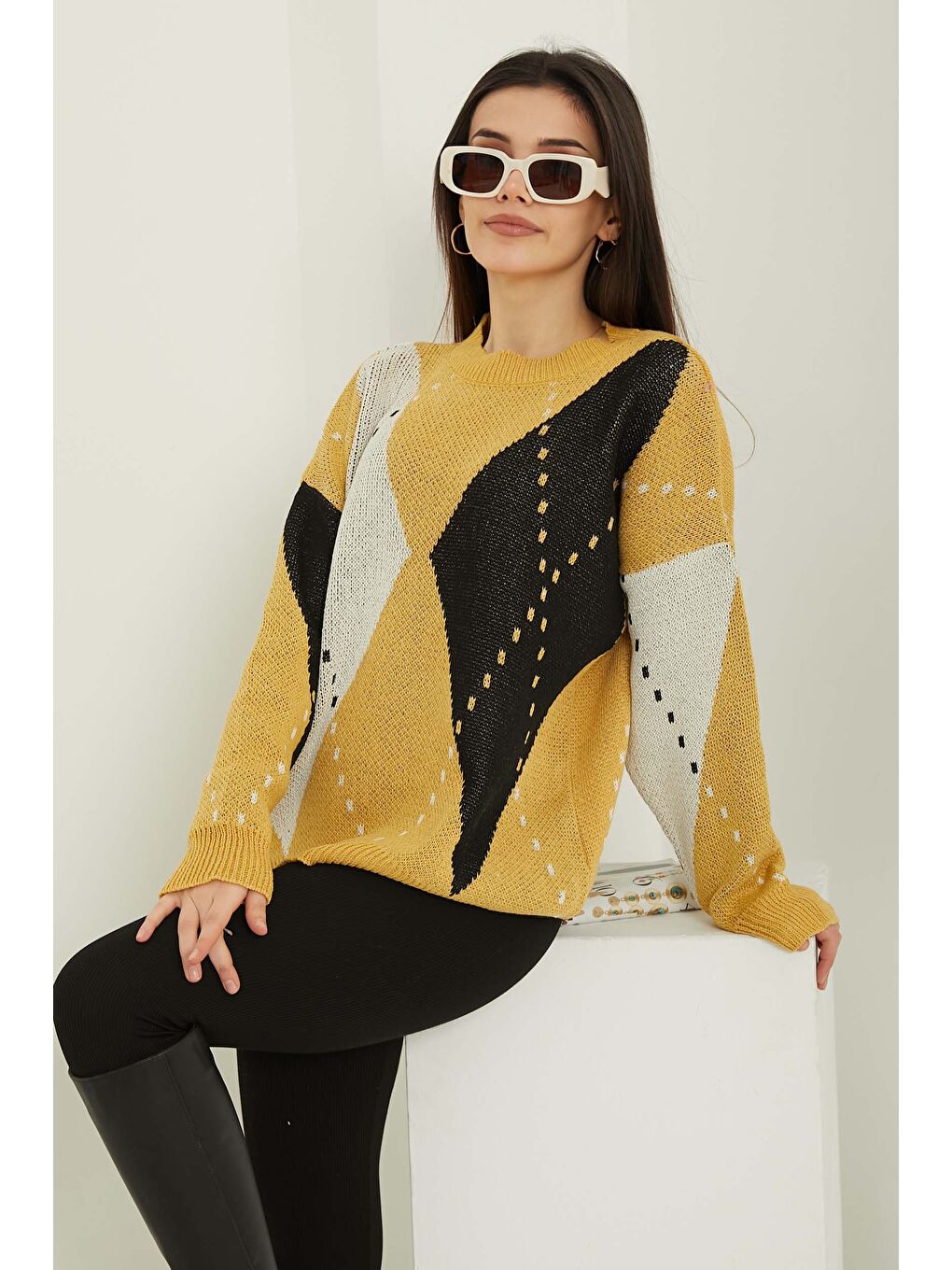 Sarı Baklava Desen Triko Kazak Sari Siyah - 27671