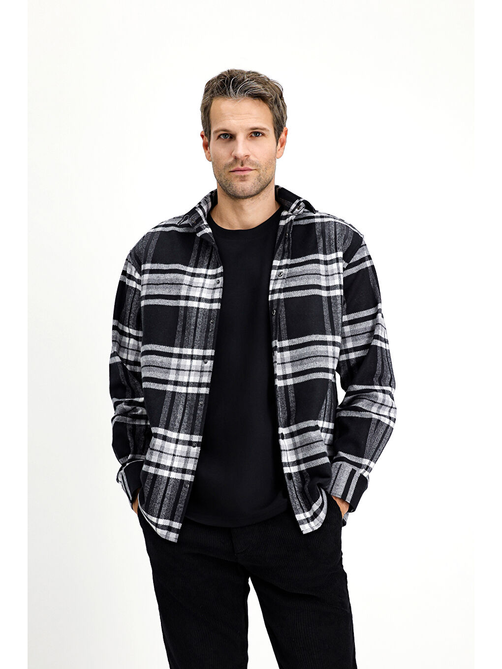 Siyah Uzun Kol Oversize Ekose Shacket Oduncu Pamuklu Gömlek / Mont-1