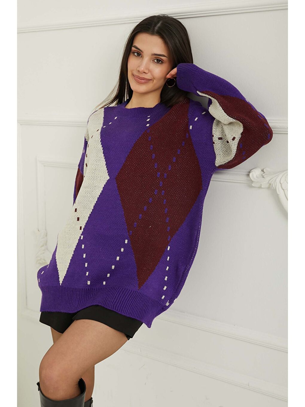 Baklava Desen Triko Kazak Beyaz Mor - 27671-3