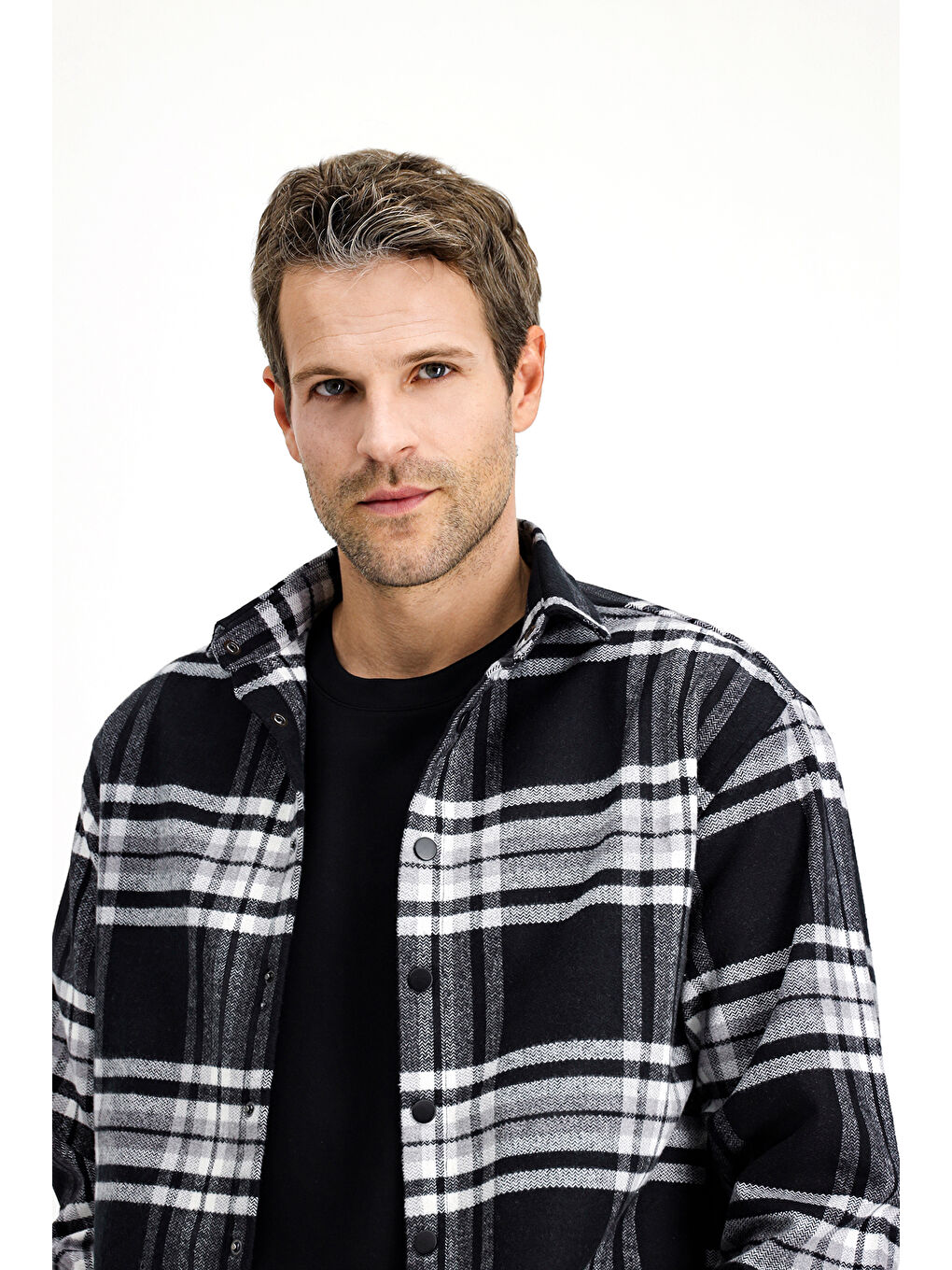 Siyah Uzun Kol Oversize Ekose Shacket Oduncu Pamuklu Gömlek / Mont-2