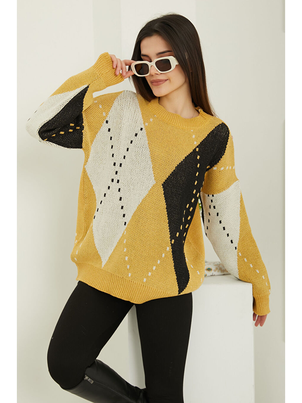 Sarı Baklava Desen Triko Kazak Sari Siyah - 27671-1